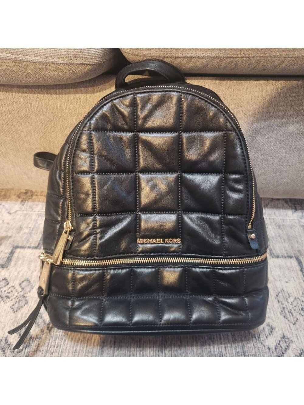 Michael Kors Rhea Black Quilted Medium Zip Top Leather Backpack